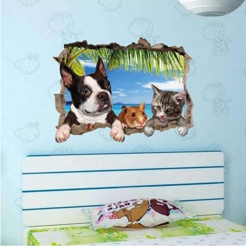 3D Dog Broken Wall Cat Hamster Cute Simulation Personality Creative Bedroom Living Room Wall Sticker Pvc Removable