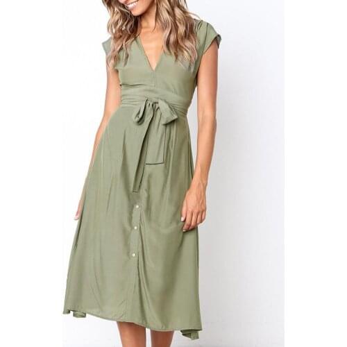 80%HOT Women Dress Stripe Tie Waist Summer V Neck Buttons Skirt for Dating