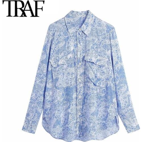 TRAF Women Fashion With Pockets Paisley Print Loose Blouses Vintage Long Sleeve Side Vents Female Shirts Chic Tops
