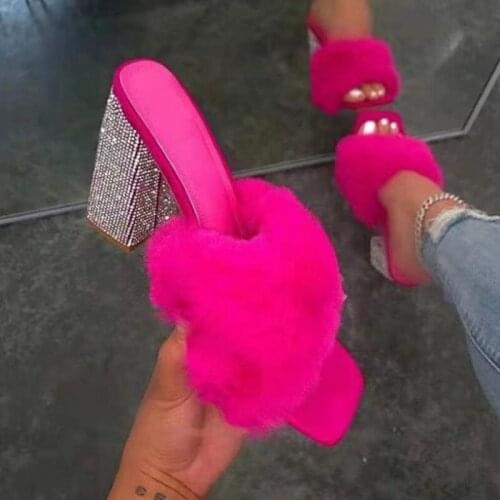 Woman Fur Sandals Ladies INS Plush High Thick Heels Fashion Sexy Bling Women Summer Shoes Plus Size Lady Open Toe Footwear Pump