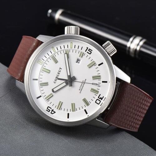 CORGEUT Mens Miyota Movement Watch Luxury Brand Automatic Mechanical Sapphire Glass Luminous Calendar Leather Strap Clock 2033