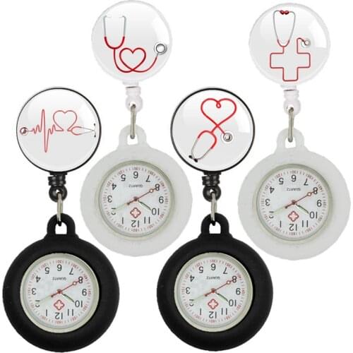 Nurse doctor Stethoscope love heart beat cartoon pocket watches Retractable Reel ID Badge Glass office working gift clip watches