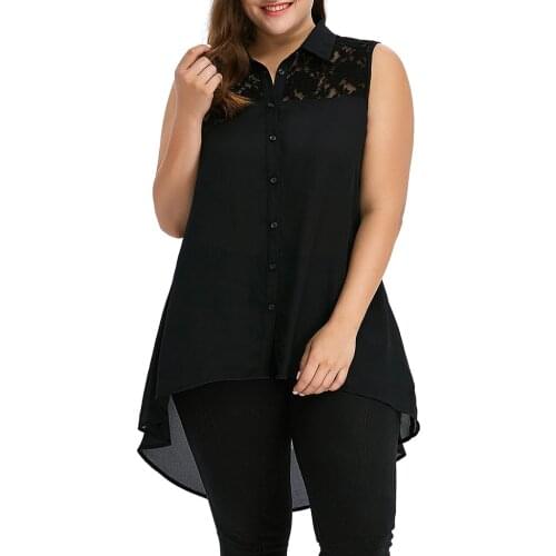 #Z25 Black Chiffon Shirt Women Fashion T-Shirt Plus Size Lace Patchwork Woemn Tops Asymmetric Sleeveless Tshirt Women Office