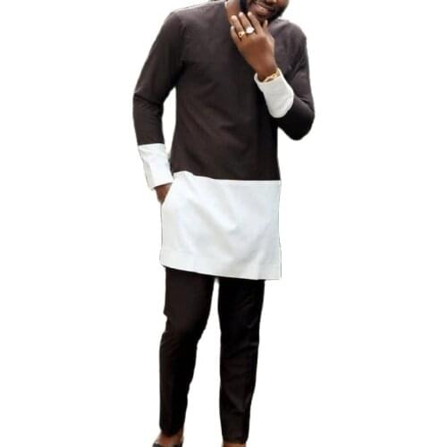 Dashiki Mens Pant Set Plus Size Full Sleeve White/Black Patchwork Tops+Trousers Custom Made African Party Support DropShipping