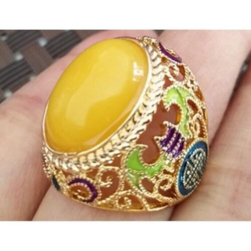 Fluorescent Chicken Oil Yellow Imitated Honey Wax Egg Face with Cloisonne Ring Opening Mouth Jewelry for Men and Women