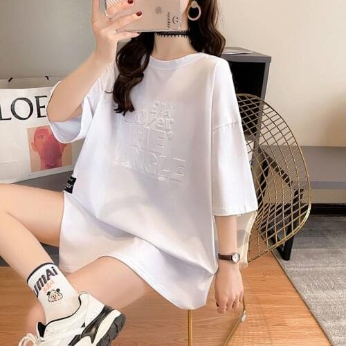 Cotton Harajuku style mid-length orange short-sleeved T-shirt 2021 summer fashion Korean style slit hem top womens clothing