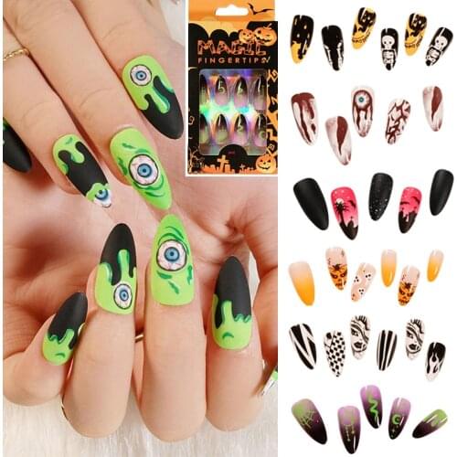 Artificial Stiletto Mid-Long 24PCS Fake Nails Acrylic Nail Tips Nails Extension Halloween Full Cover Nail Tips Press On Nails