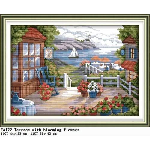 Cross Stitch Kits Embroidery Needlework Terrace with Blooming Flowers Patterns 11CT 14CT Stamped Home Decor Counted FabricThread