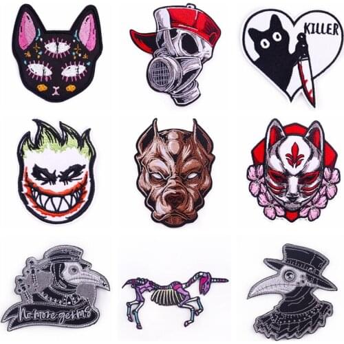 Punk Skull Patch Iron On Patches For Clothes Animal Embroidery Patches On Clothing Crow Patch Stripe Badge DIY Applique Decor