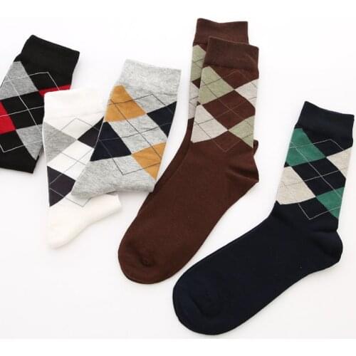 New Winter Socks Men Diamond Rhombus Four Seasons Cotton Leisure Business Mens Socks Wholesale Mix Colors 10pair/lot