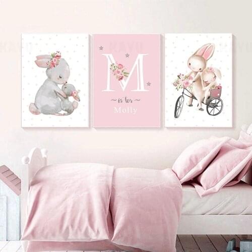 Personalise Custom Name Canvas Painting Rabbit Poster Nursery Prints Bunny Wall Art Print Nordic Wall Pictures Gir Room Decor