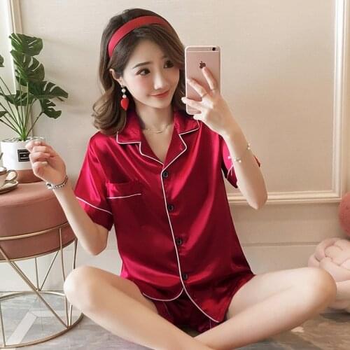Summer Short Sleeves Shorts Nightwear Faux Silk Pajamas Set M-5XL Large Size Sexy Pijama Mujer Pure Color Sleepwear 2021 New