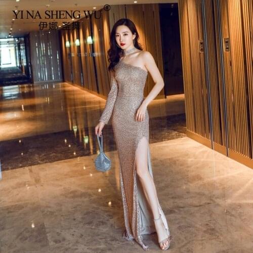 One Shoulder Sequin Dress High Quality Long Mermaid Dress Floor Length High Split Sexy Dress New Formal Banquet Dress Vestidos
