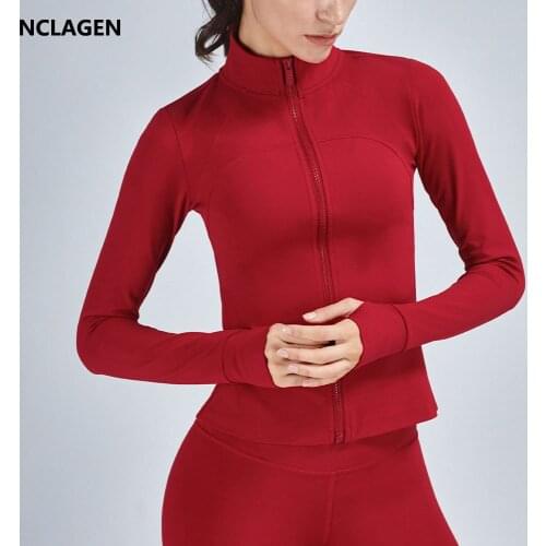 NCLAGEN Sports Top Women Zipper Long Sleeve Yoga Jacket Stand Collar Thumb Holes Fitness Blouse Gym Autumn Winter Running Coat