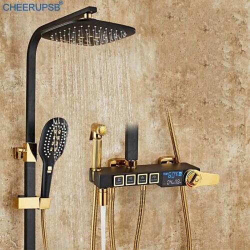 Shower Bath Tap Bathroom Wall Mount Smart Thermostatic Shower Set LED Digital LCD Display Rainfall Bath Kit Matte Black White
