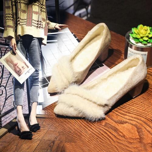 Womens Shoes Womens High Heels Womens Thick Heels 2020 Winter New Fur Shoes Womens Shallow Mouth Single Shoes Women
