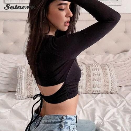 Womens Casual Cropped Tops Sexy Lace Open Back T-shirt O Neck Long Sleeve 2021 Cotton Tops Fashion T Shirt 2021 Harajuku Black