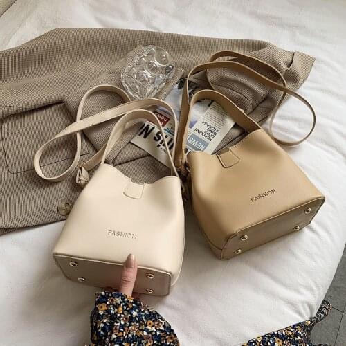 Women Stylish Shoulder Crossbody Bucket Bag Ladies Preppy Style Pure Color PU Handbag Totes Pouch 19x18x11.5cm