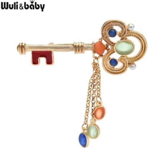 Wuli&baby Palace Style Tassel Key Brooches For Women Lady Enamel Vintage Key Party Office Brooch Pin Gifts