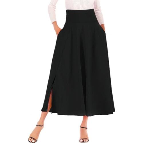 High Waist Skirt Women Casual Side Pockets Long Skirt A-Line Skirts for Women Side Split Pleated Long Skirts Femme faldas largas