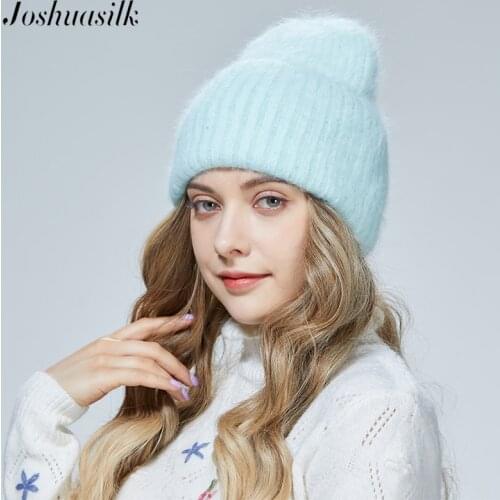 Joshuasilk Winter hat Angora100% Double warm hat Small sequins decoration Skulies Ladies knitted hat