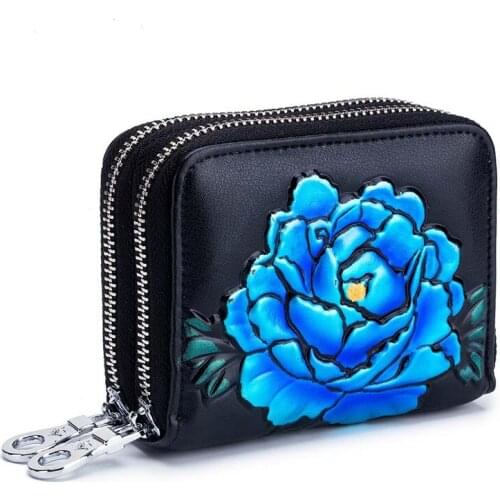 8PCS / LOT Peony hand-painted organ purse lady long multi-card leather large capacity rfid wallet Chinese style