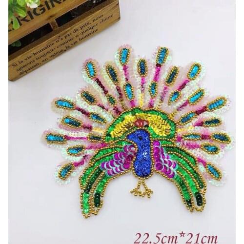 2Pcs New Peacock Sequin Applique Costume Opera Accessories DIY Material Small Sequin Animal Cloth Patch 22.5X21cm BD0761