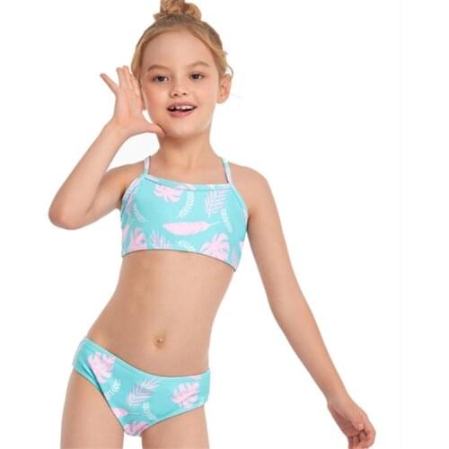 Girl Kids Two Piece Set Printed Swimwear Summer Sleeveless Feather Crop Tops Low Waist Panties Beach Swimsuit Bathing Suit 2021