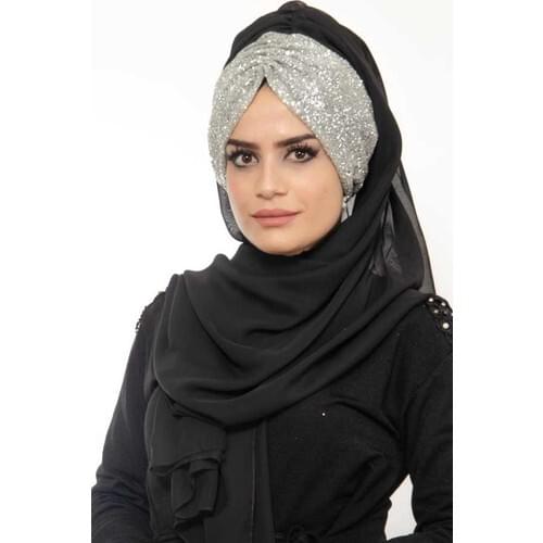Hijab Headscarf Black Silver Ready Made Evening Dress Silvery Shawl Headdress