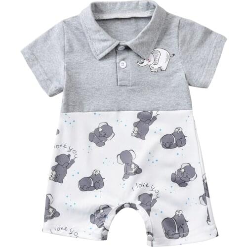 2021-04-27 Lioraitiin 0-12M Infant Baby Boy Girl Casual Romper Short Sleeve Turn-Down Collar Jumpsuit Elephant Printed Clothing