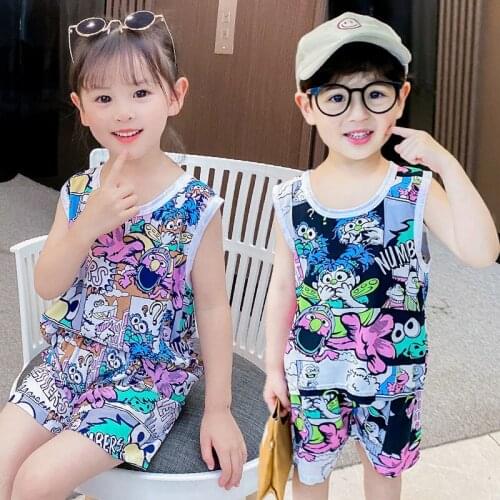 Children Clothes Set Baby Boy Summer Cartoon Sesame Street Print Vest +Shorts 2 PCS Set Girl Clothing Cotton Kid Costume Outfit