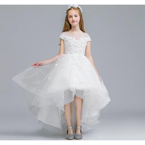 Flower Girl Dresses Illusion Appliques Embroidery Luxury White O-Neck Princess Short Knee-Length Tulle Lace Kids Party Gown H145