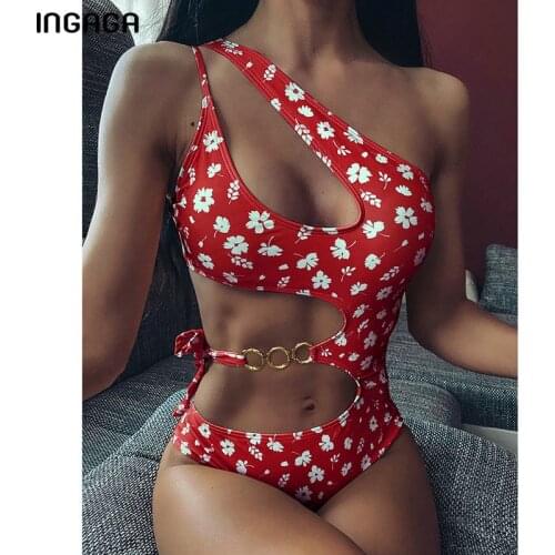 INGAGA Cut Out Swimwear Women One-piece Swimsuits One Shoulder Bathing Suit Metal Ring Monokini 2021 New Summer Floral Bathers