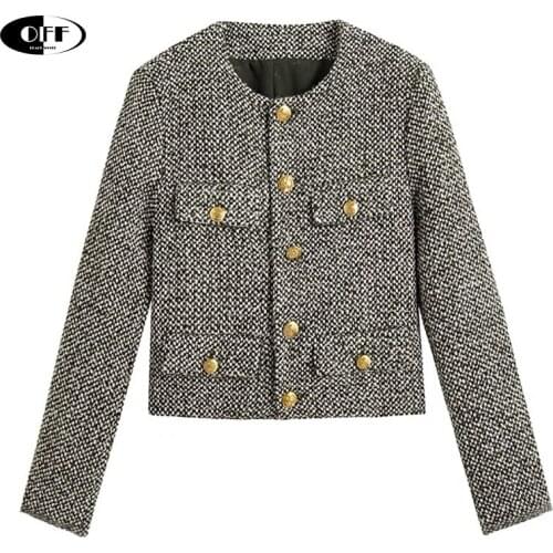 Designer Womens Jacket Casual Coat Long Sleeve Single-breasted Buttons O-neck Woman Tops Traf Autumn Tweed Outwear Coats Female