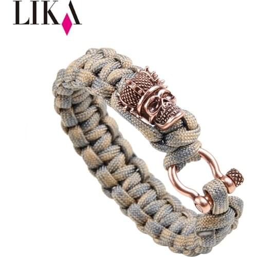 LIKA U Button Crown And Skull Bracelet Parachute Chain First Aid Survival Field Camping Outdoor Multifunction Men Charm Bracelet