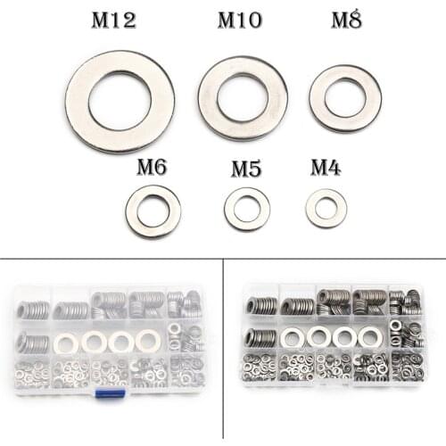 M4/M5/M6/M8/M10/M12 Durable Stainless Steel Flat Washer Lock Screw Gasket Plain Washer Metric Assortment Set With Box 395pcs/Set