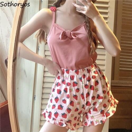 Sweet Pajama Sets Women Pink Spaghetti Strap Tops Strawberry Printed Shorts Slender Trendy Home Teenager Lounge Lovely Girls Hot