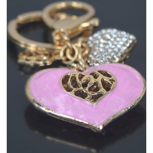Fashion Crystal Jewelry Double Heart Keychain Pendant Key Chain Key Ring Rhinestone Alloy Keyring Charms Women Lady Bag Gift