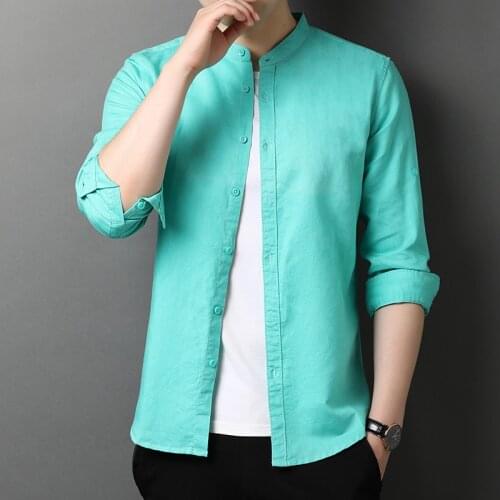 Man Mandarin Collar Shirts Pure Color Linen Cotton Shirts Korean Style Man Long Sleeve Linen Clothes