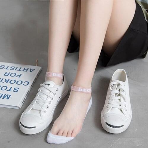 Women Letter Socks for summer Ultra-thin Transparent Cass Glass fiber Silk Socks Fashion daisy Ankle Short Sexy Lace invisible