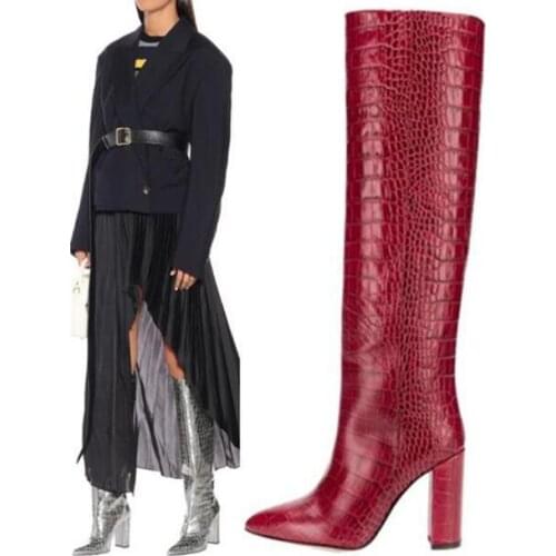 Winter New Woman Crocodile Print Python Square Heels Pointed Toe Slip On Knee High Long Boots Knight Boots Yellow Red Black