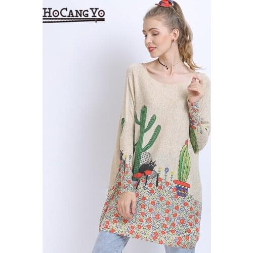 New Wool Oversized Sweater For Women Winter Long Pullover Dress Fashion Cactus Print Jumper Casual Knitted Sweater Pull Femme