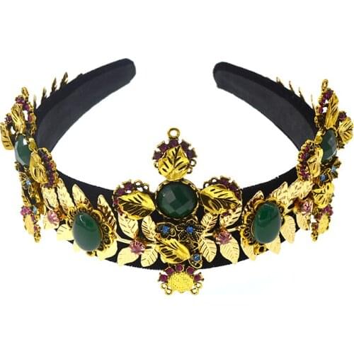 Bride Tiaras Baroque Retro Crown Green Rhinestone Beads Hair Bands Crystals Velvet Wide Headbands For Women Party Wedding Gift