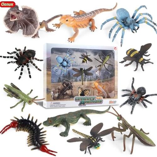 Oenux Insect Animals Set Butterfly Mantis Spider Bee Dragonfly Model Action Figures Miniature Educational Kid Toy Gift With Box
