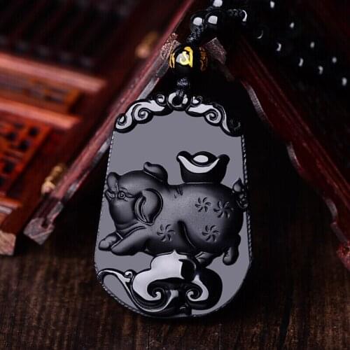 Natural Black Obsidian Beads Necklace Hand-Carved Zodiac Pig Jade Pendant Fashion Charm Jewellery Lucky Amulet Gifts for Women