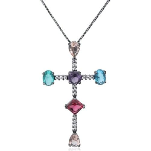 OMYFUN Hot Rainbow Color Crystal Necklaces For Women Fashion Choker Cross Pendant Necklace Colares Statement Party Jewelry N011