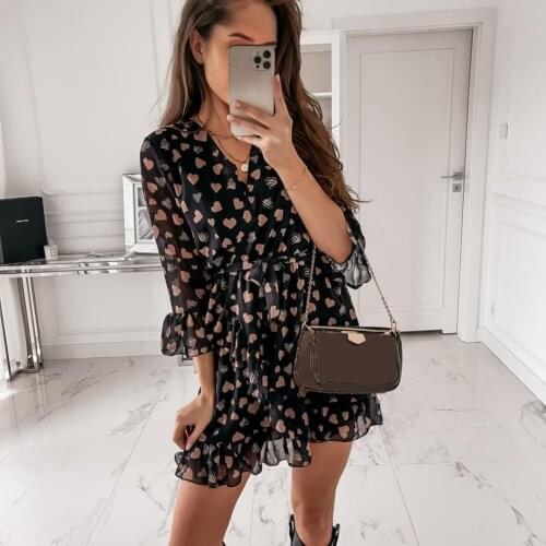 Dress V Neck Loose Female Women 3/4 Sleeve Ruffle Dress for Shopping