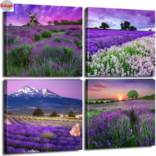 Full Diamond Painting Cross Stitch Lavender Purple Diamond Embroidery square Round Drill Flowers Handicraft 4pcs mosaic decor