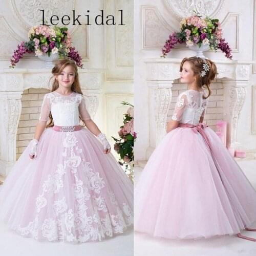 Half Sleeve Puffy Pink Flower Girl Dress Vintage Tulle Girl Birthday Lace Appliqued Tiered Party Pageant Gown Formal for Wedding