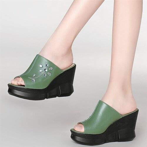 Women Genuine Leather Wedges High Heel Crystal Roman Gladiator Sandals Female Summer Open Toe Platform Pumps Shoes Casual Shoes